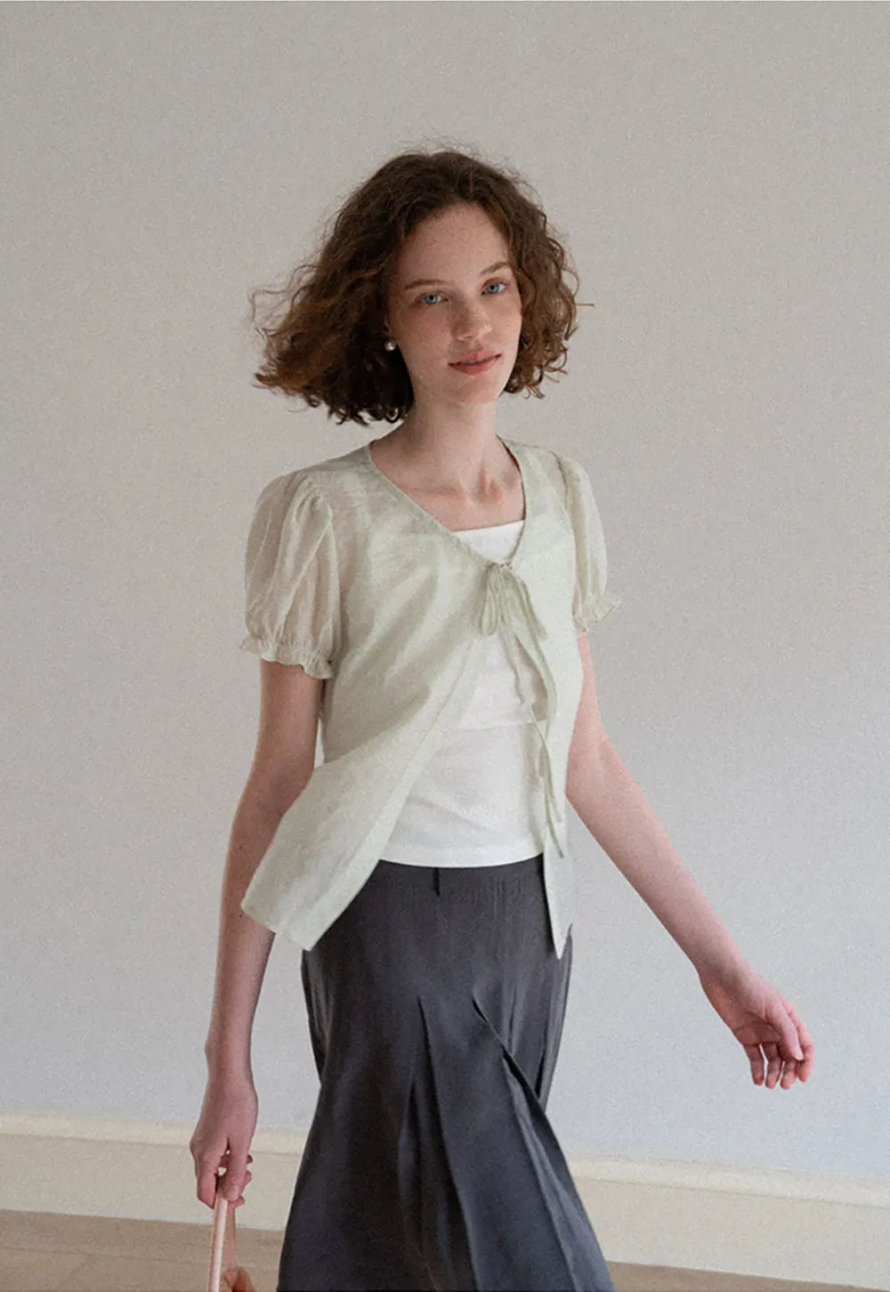 Sheer Organza Short Sleeve Blouse with Tie Front