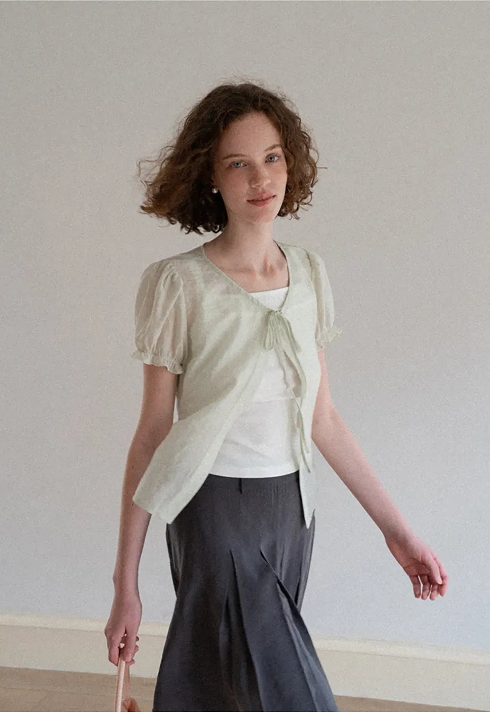 Sheer Organza Short Sleeve Blouse with Tie Front