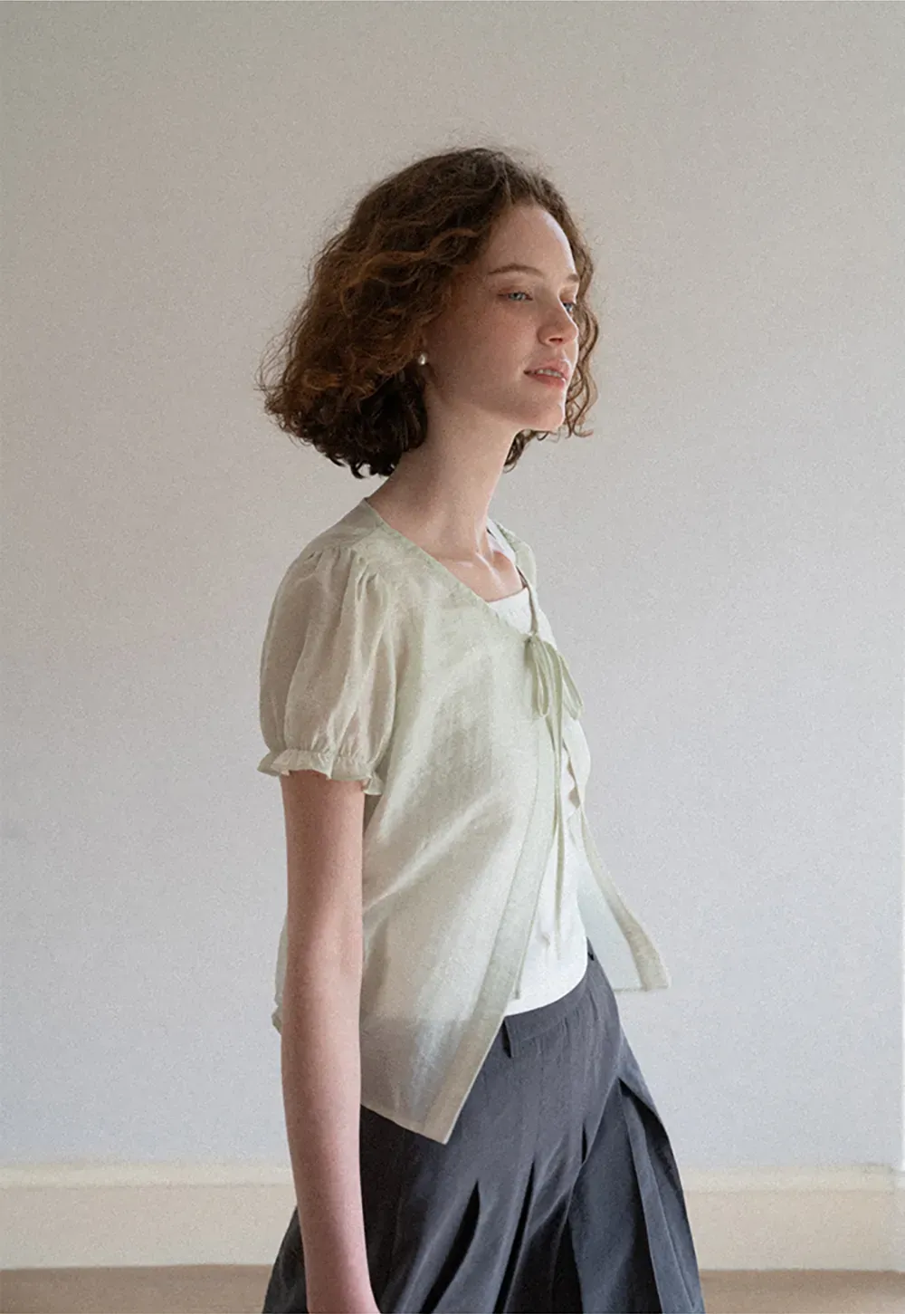 Sheer Organza Short Sleeve Blouse with Tie Front