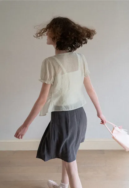 Sheer Organza Short Sleeve Blouse with Tie Front