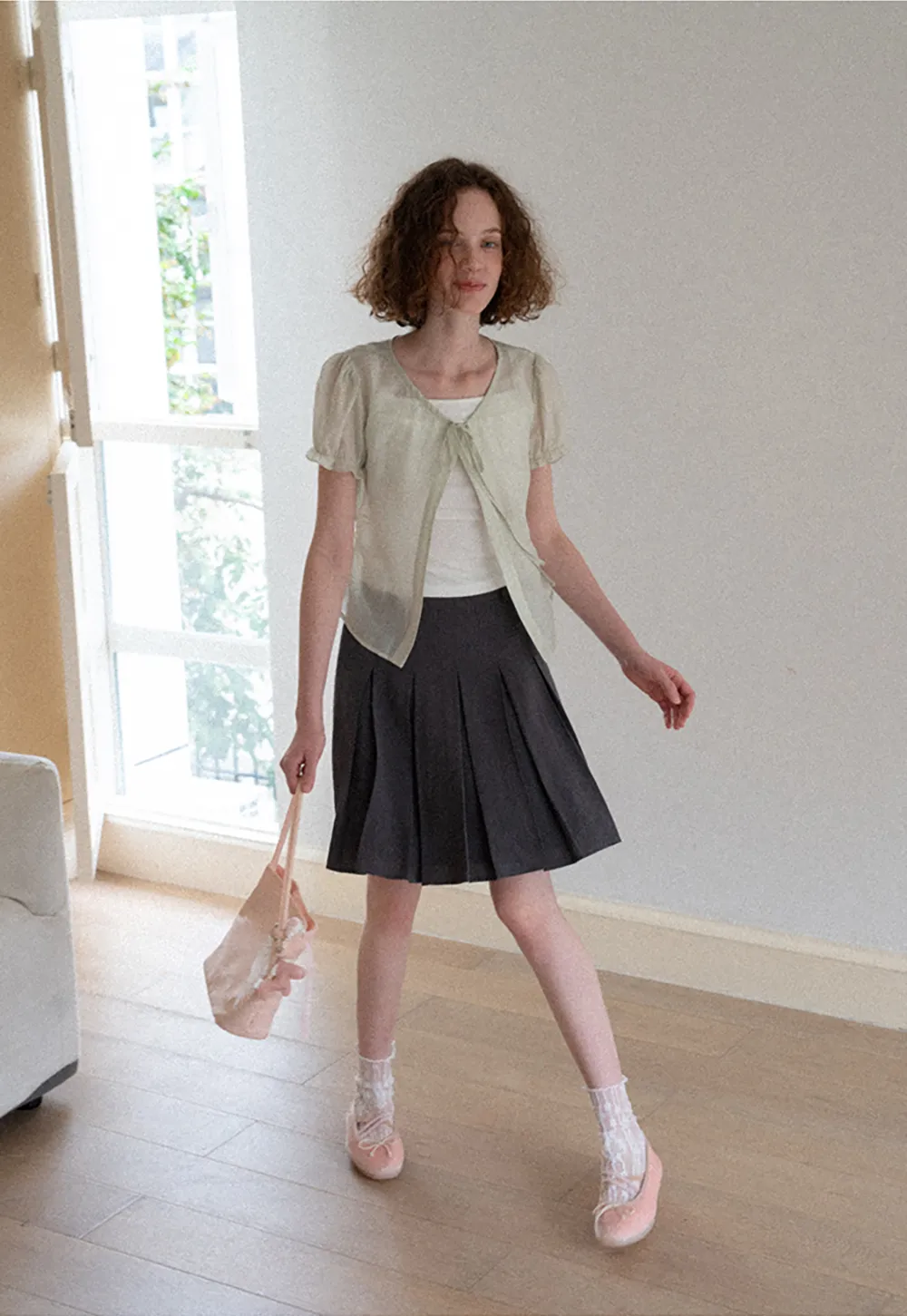 Sheer Organza Short Sleeve Blouse with Tie Front