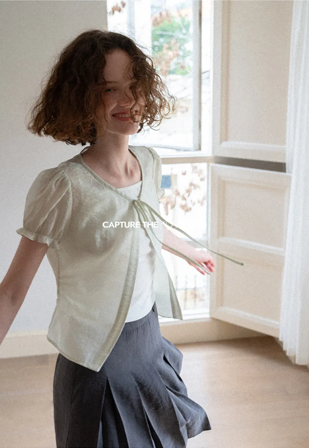 Sheer Organza Short Sleeve Blouse with Tie Front