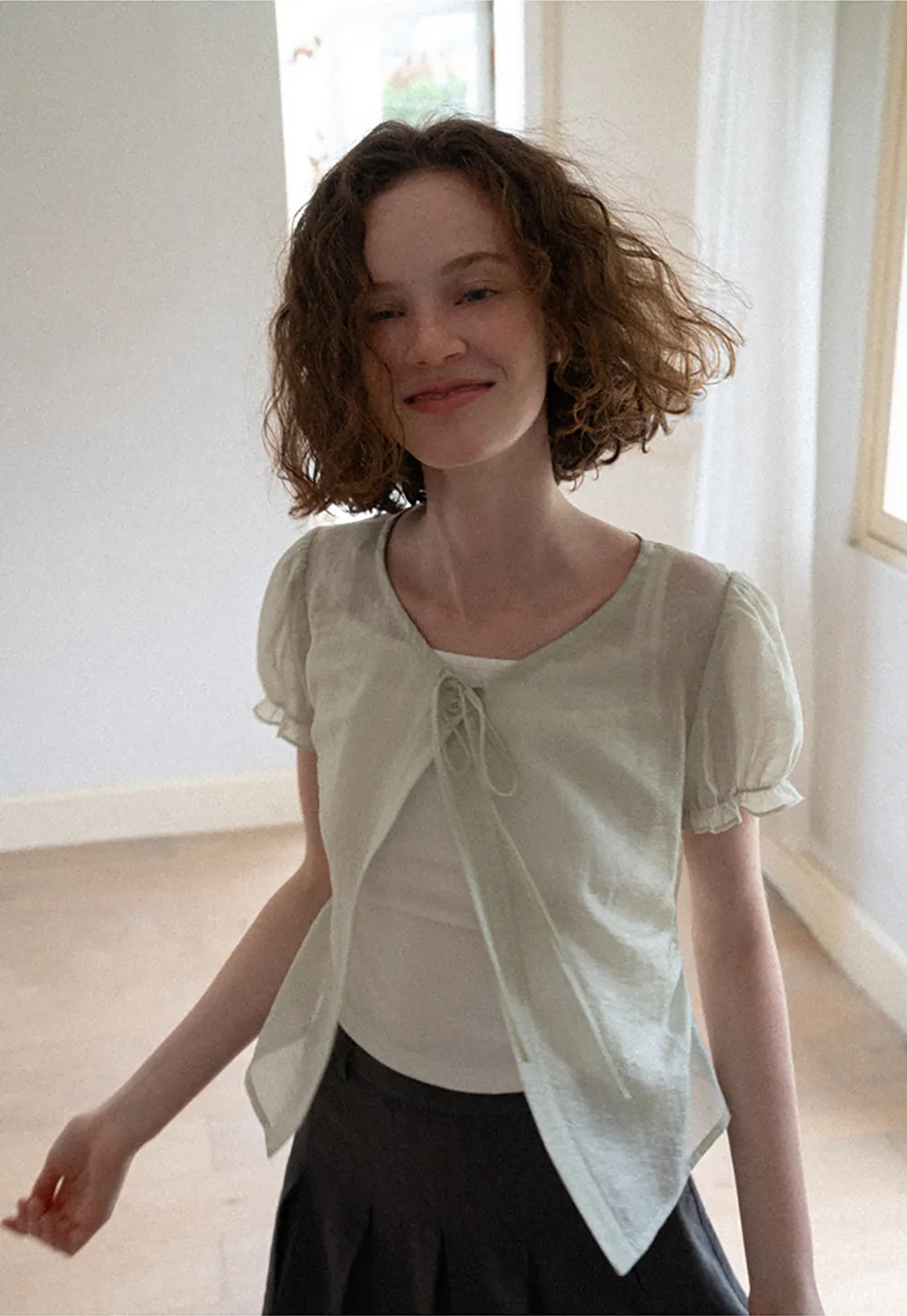 Sheer Organza Short Sleeve Blouse with Tie Front