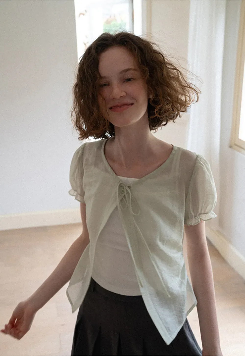 Sheer Organza Short Sleeve Blouse with Tie Front