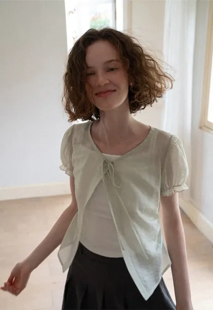 Sheer Organza Short Sleeve Blouse with Tie Front