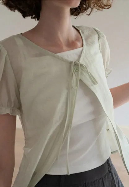 Sheer Organza Short Sleeve Blouse with Tie Front