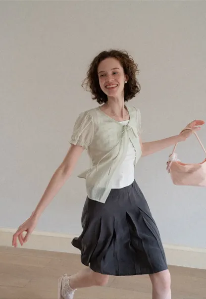 Sheer Organza Short Sleeve Blouse with Tie Front