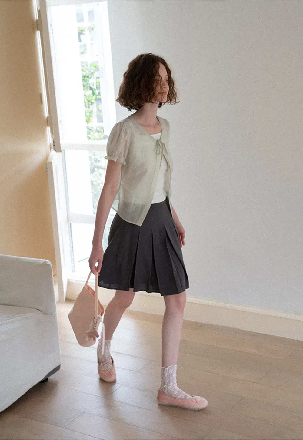 Sheer Organza Short Sleeve Blouse with Tie Front