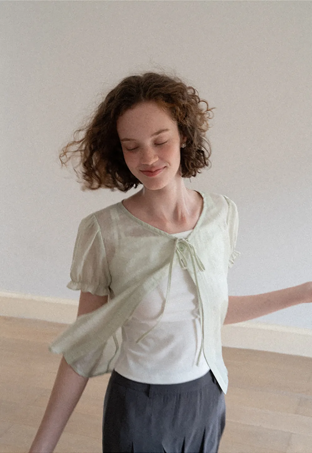 Sheer Organza Short Sleeve Blouse with Tie Front