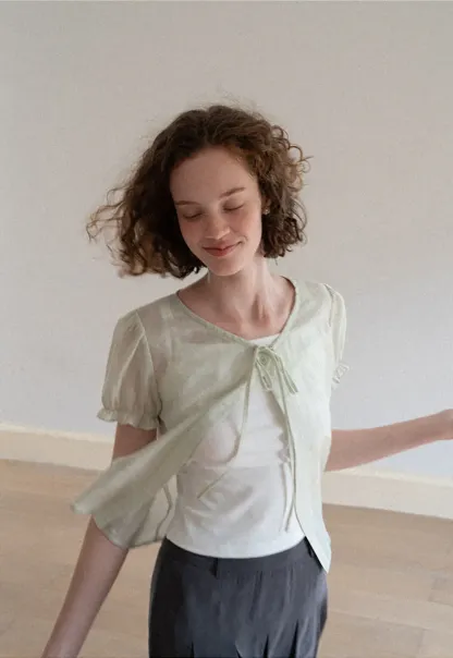 Sheer Organza Short Sleeve Blouse with Tie Front