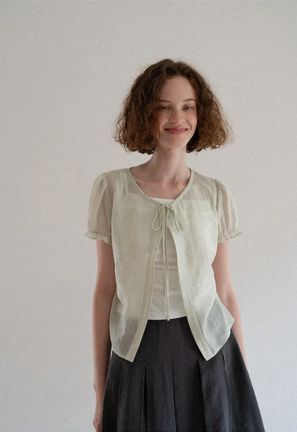 Sheer Organza Short Sleeve Blouse with Tie Front