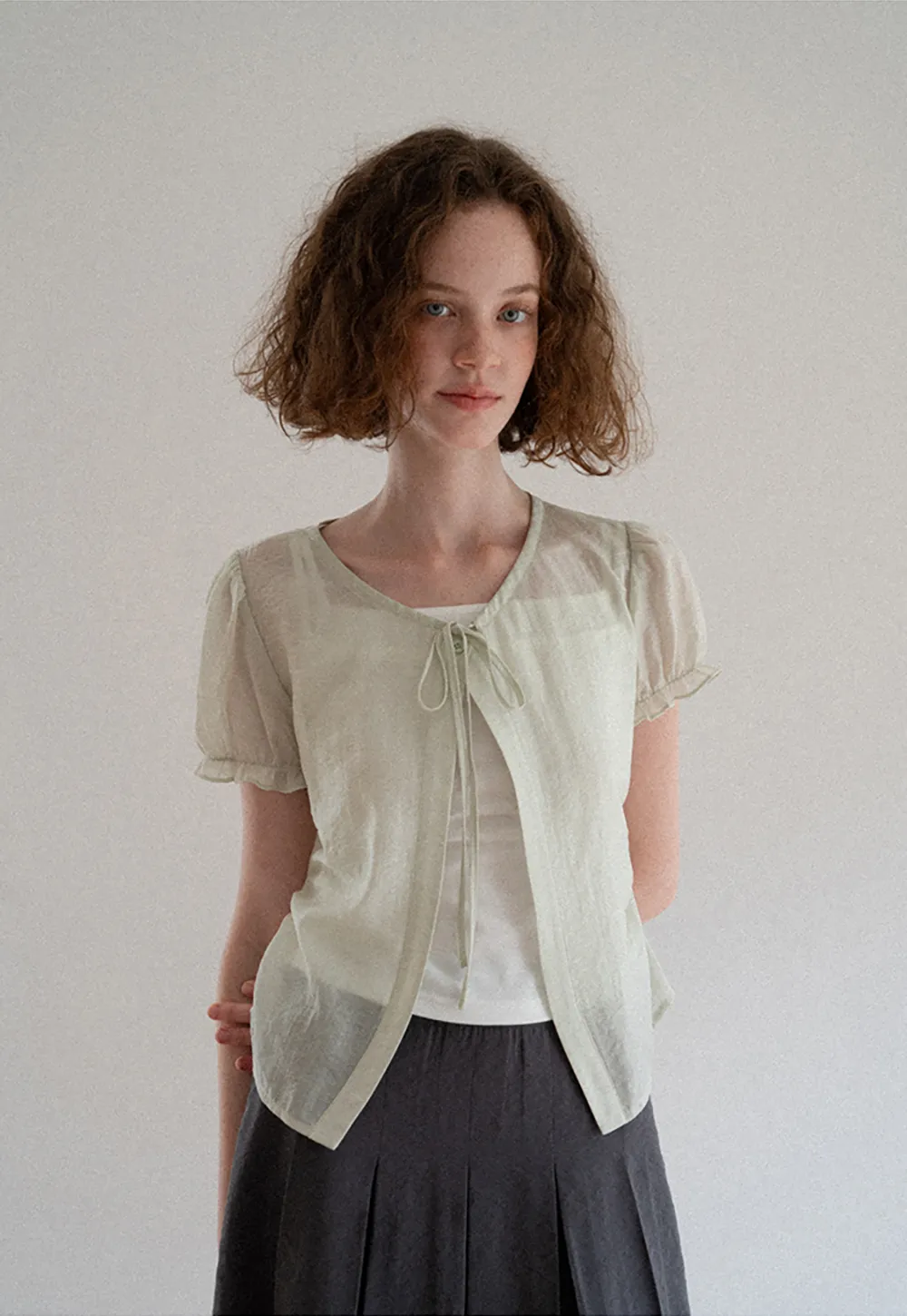 Sheer Organza Short Sleeve Blouse with Tie Front