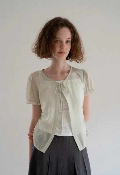 Sheer Organza Short Sleeve Blouse with Tie Front
