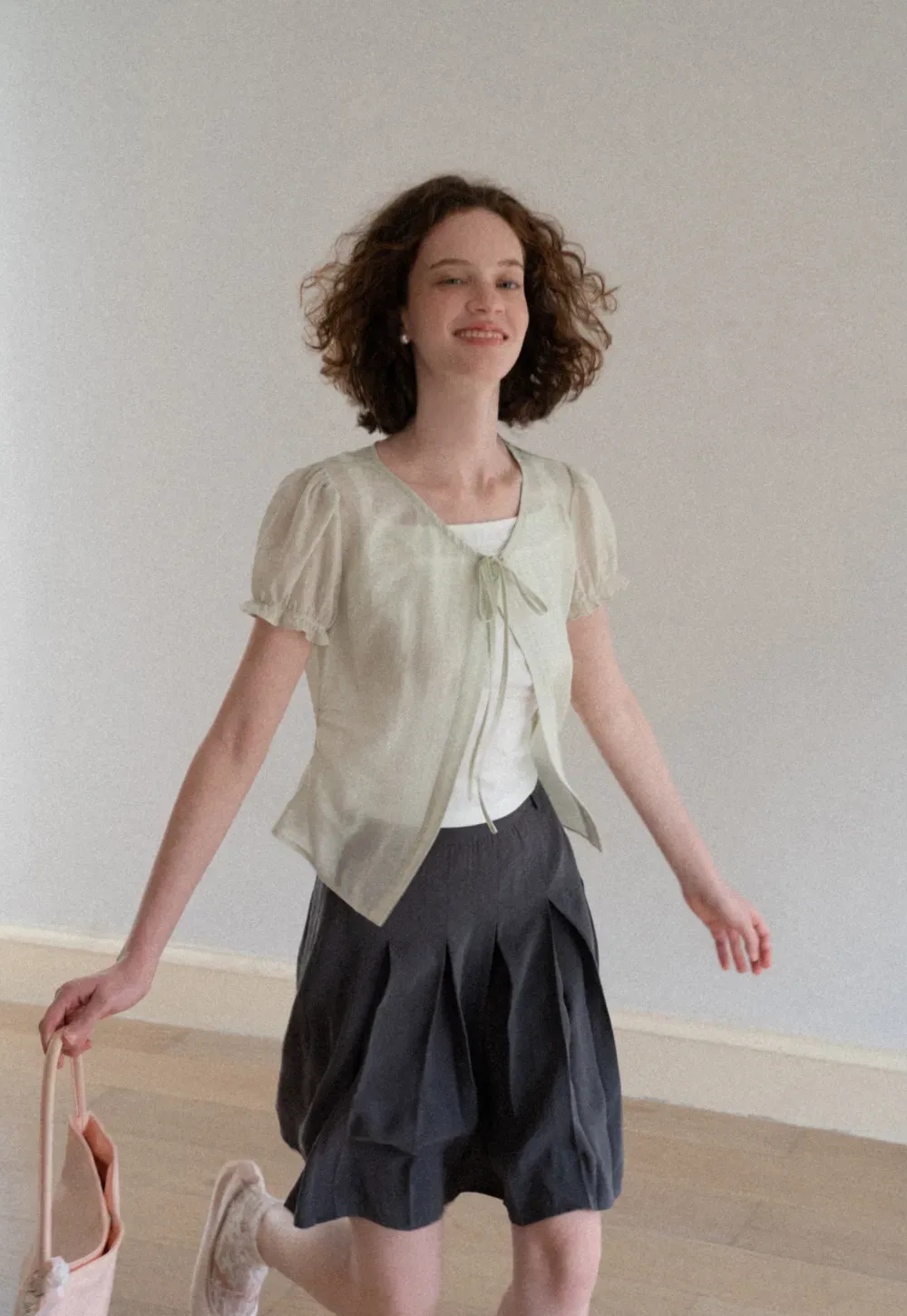 Sheer Organza Short Sleeve Blouse with Tie Front