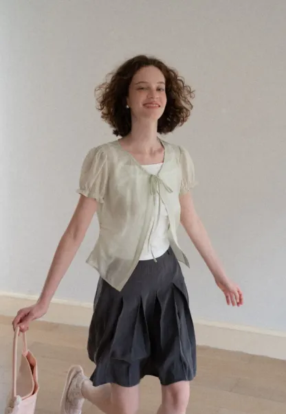 Sheer Organza Short Sleeve Blouse with Tie Front
