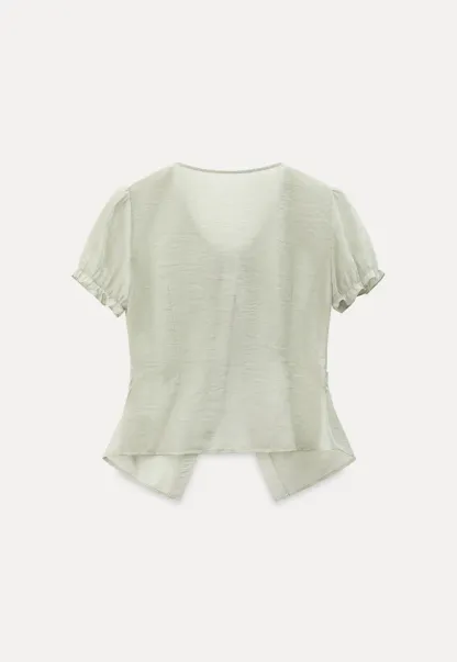 Sheer Organza Short Sleeve Blouse with Tie Front