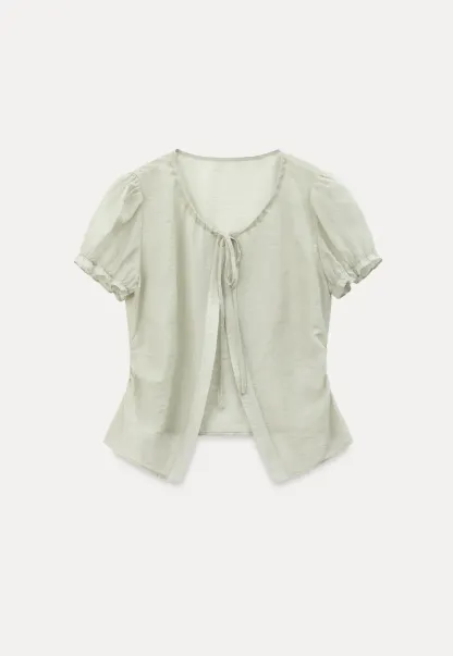 Sheer Organza Short Sleeve Blouse with Tie Front