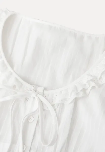 Ruffled Lace Trim Puff Sleeve Sheer Blouse