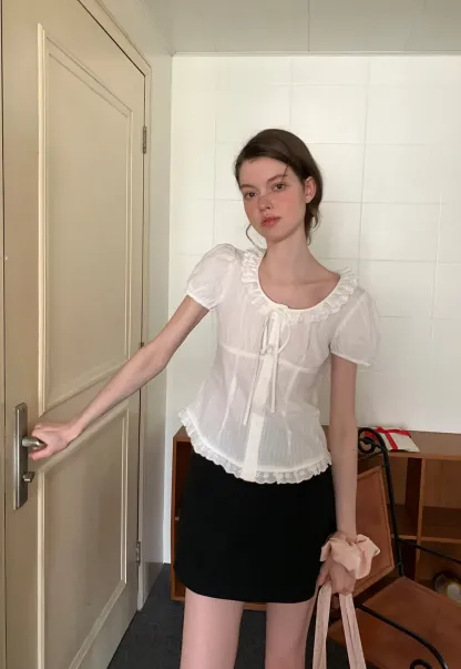 Ruffled Lace Trim Puff Sleeve Sheer Blouse