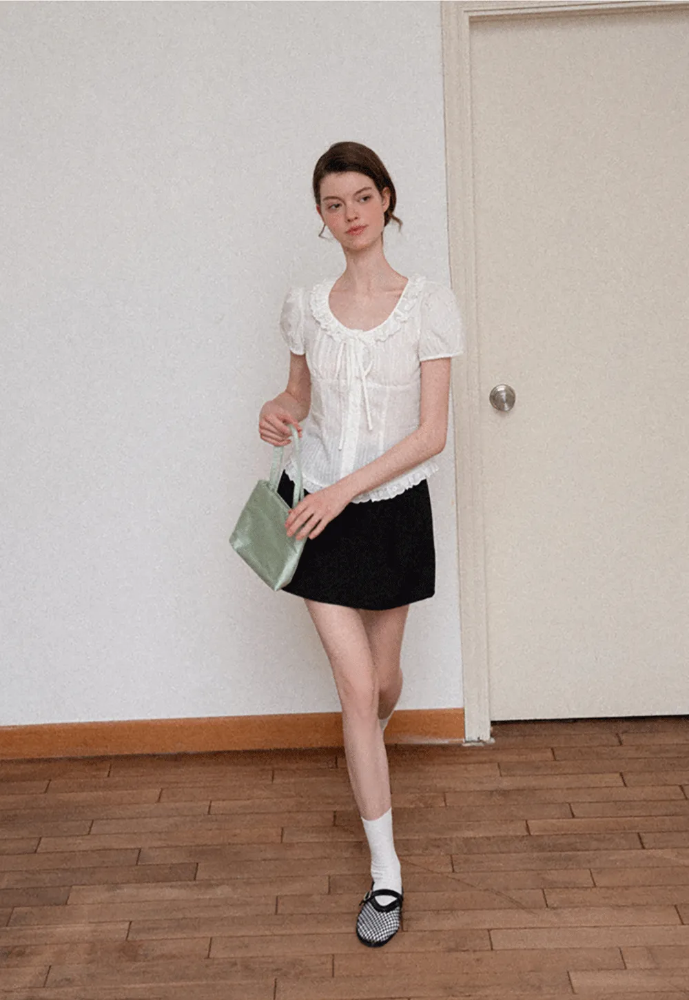 Ruffled Lace Trim Puff Sleeve Sheer Blouse