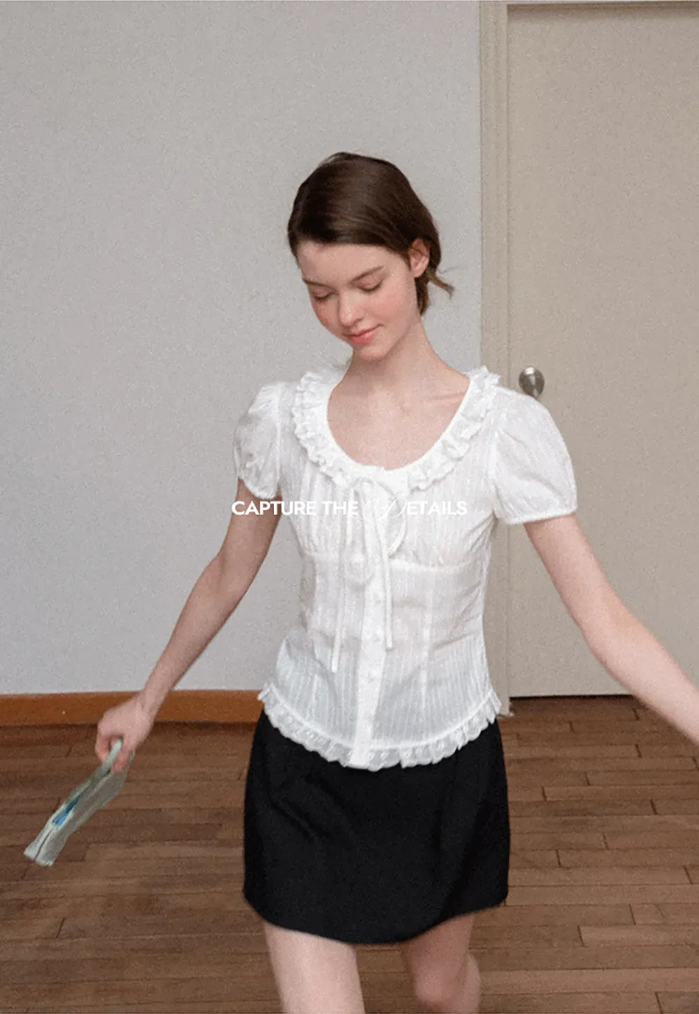 Ruffled Lace Trim Puff Sleeve Sheer Blouse