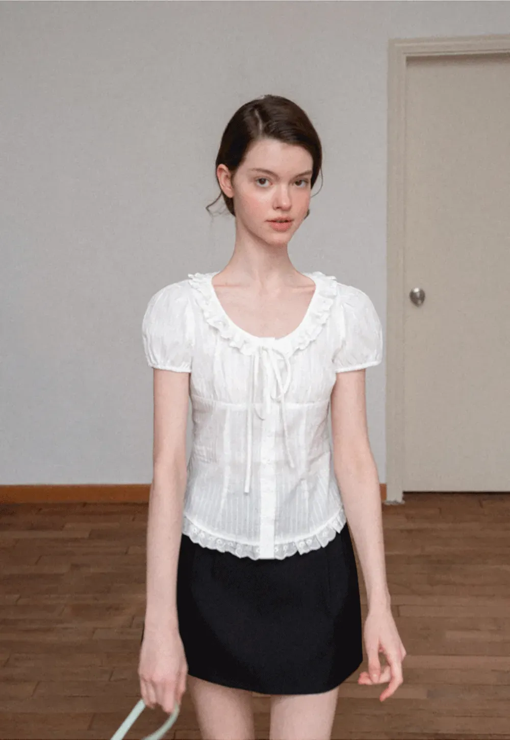 Ruffled Lace Trim Puff Sleeve Sheer Blouse