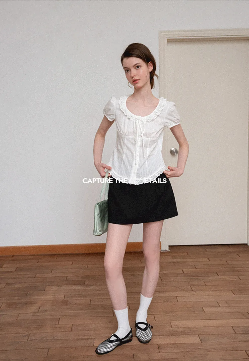 Ruffled Lace Trim Puff Sleeve Sheer Blouse