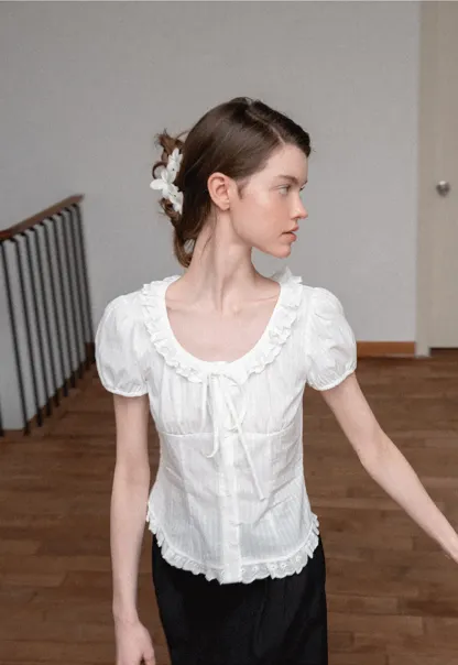 Ruffled Lace Trim Puff Sleeve Sheer Blouse