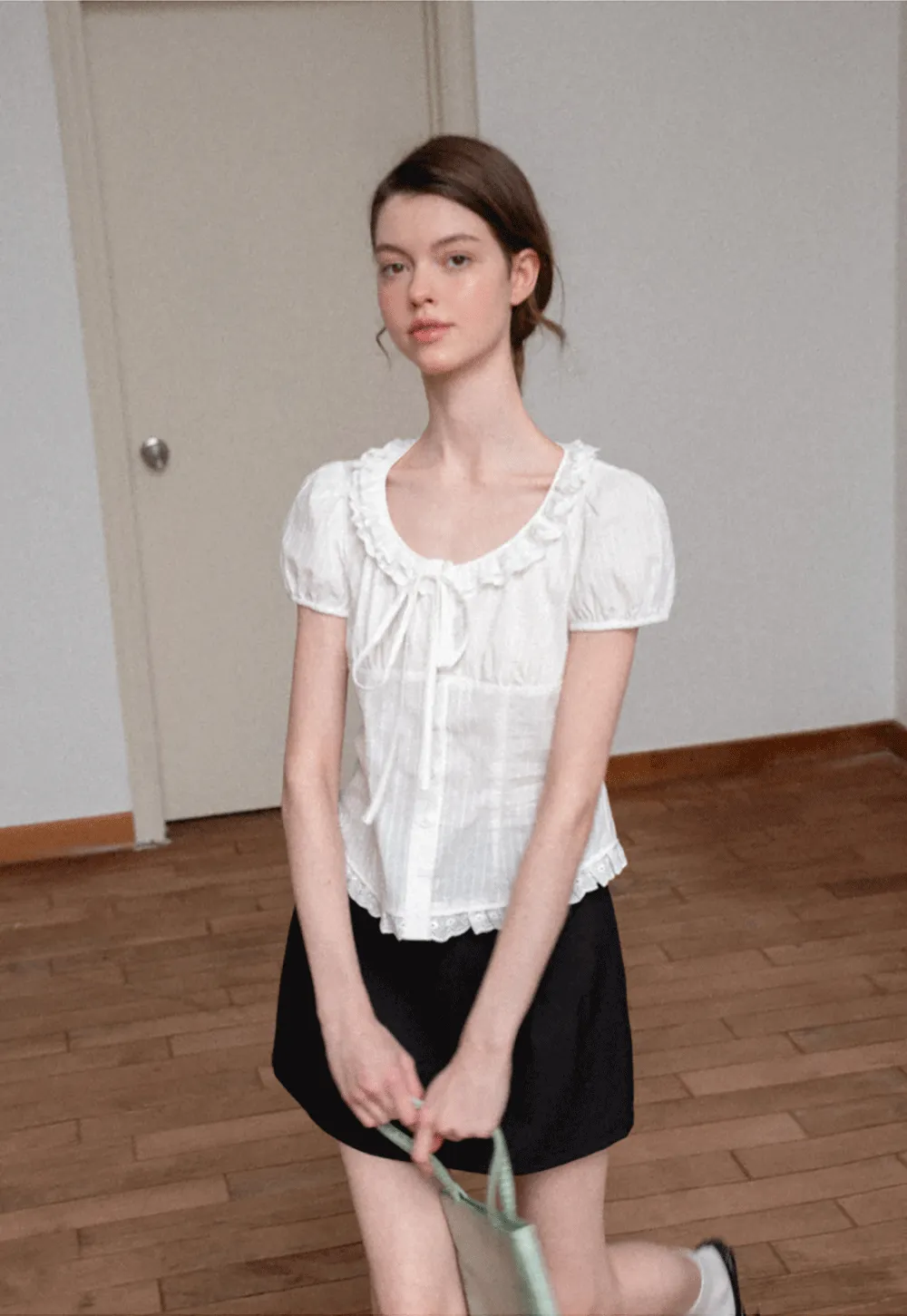 Ruffled Lace Trim Puff Sleeve Sheer Blouse