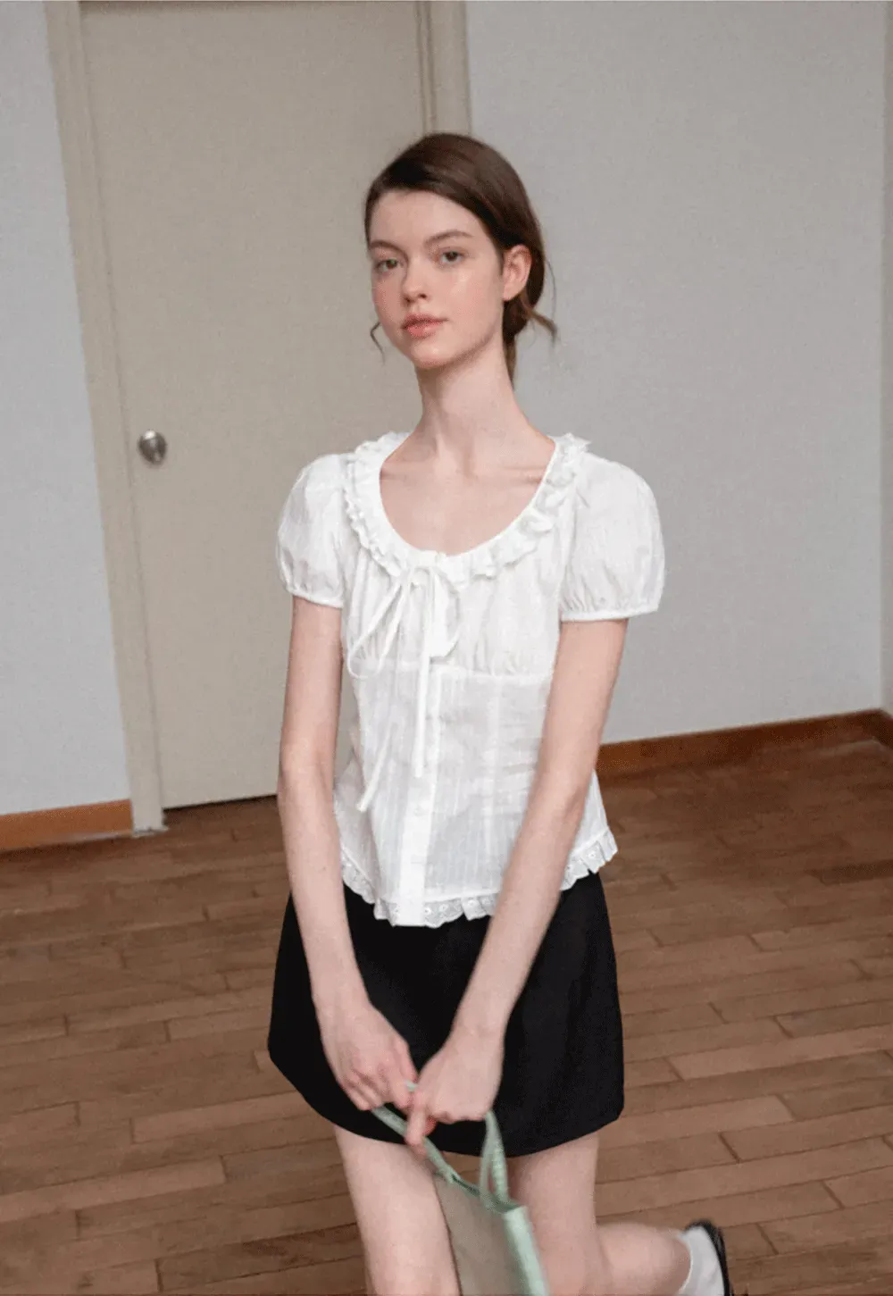 Ruffled Lace Trim Puff Sleeve Sheer Blouse