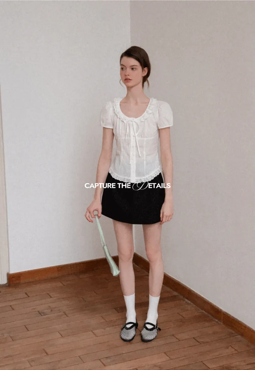 Ruffled Lace Trim Puff Sleeve Sheer Blouse