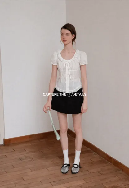 Ruffled Lace Trim Puff Sleeve Sheer Blouse