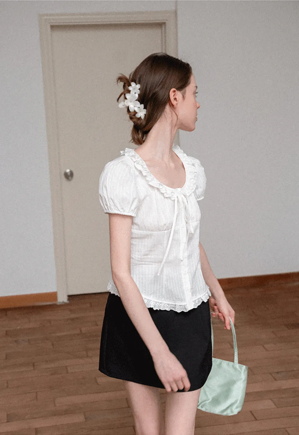 Ruffled Lace Trim Puff Sleeve Sheer Blouse