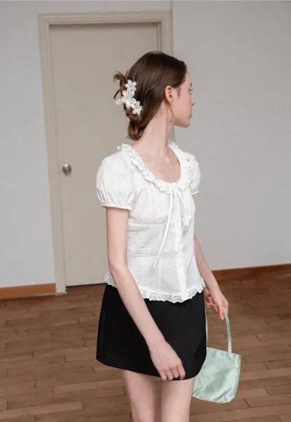 Ruffled Lace Trim Puff Sleeve Sheer Blouse