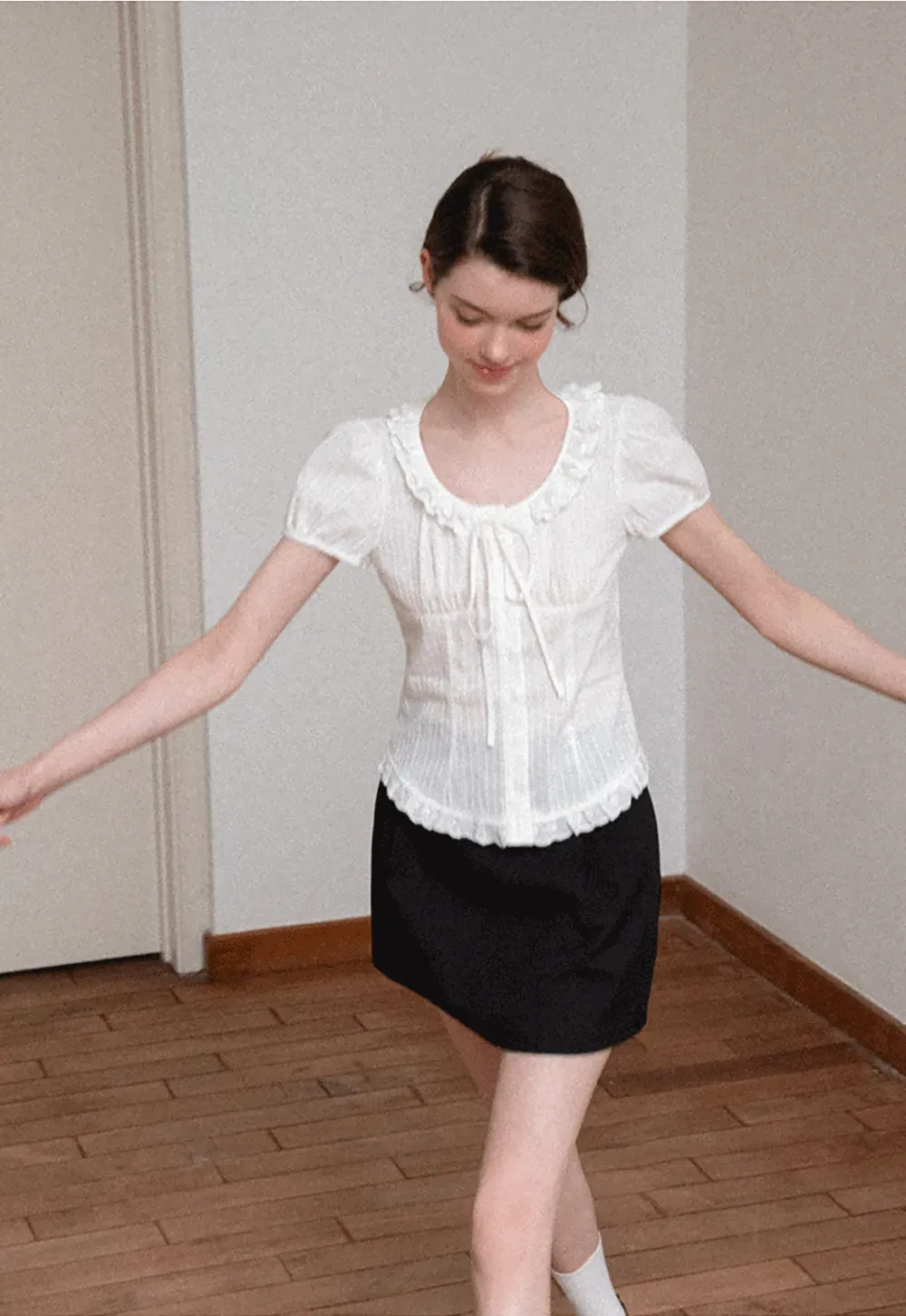 Ruffled Lace Trim Puff Sleeve Sheer Blouse
