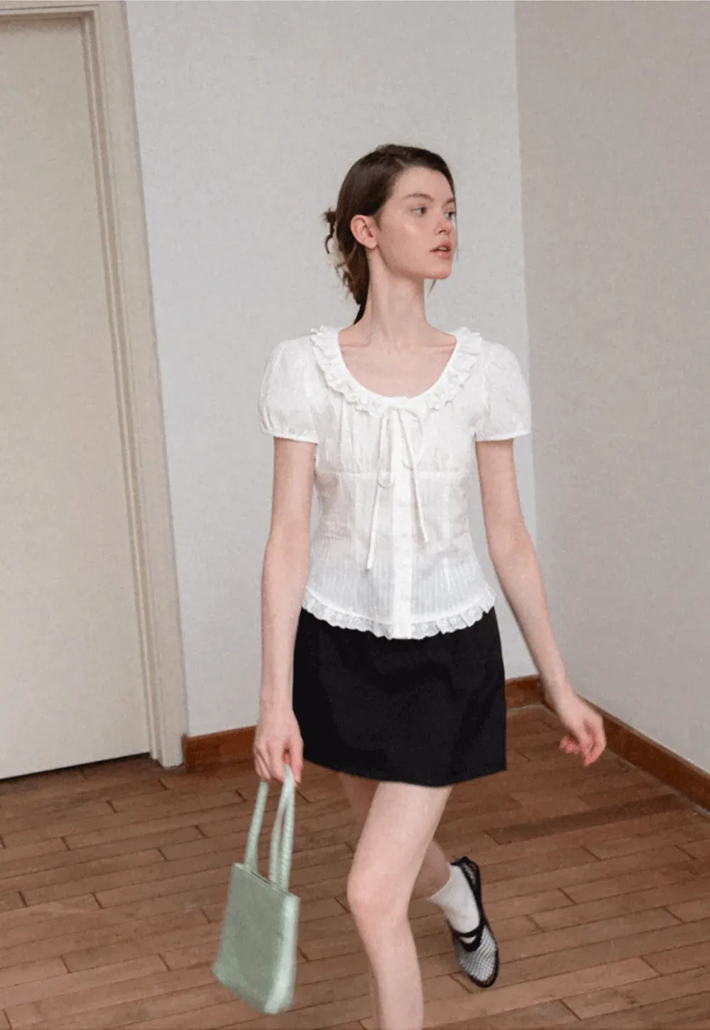 Ruffled Lace Trim Puff Sleeve Sheer Blouse