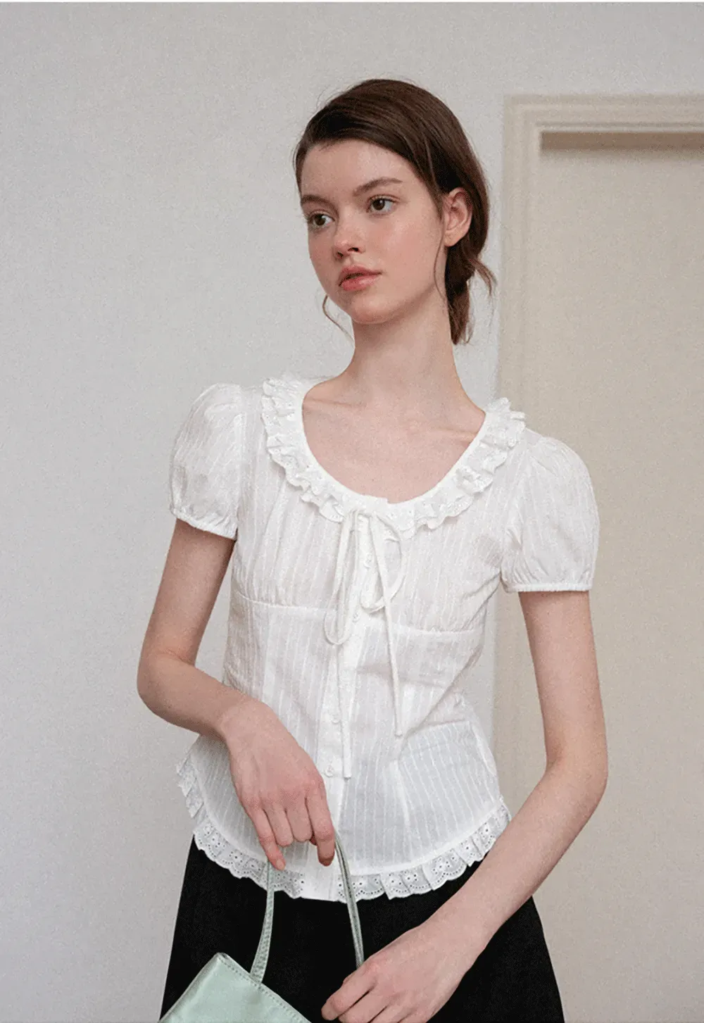 Ruffled Lace Trim Puff Sleeve Sheer Blouse