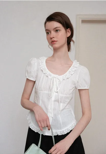 Ruffled Lace Trim Puff Sleeve Sheer Blouse