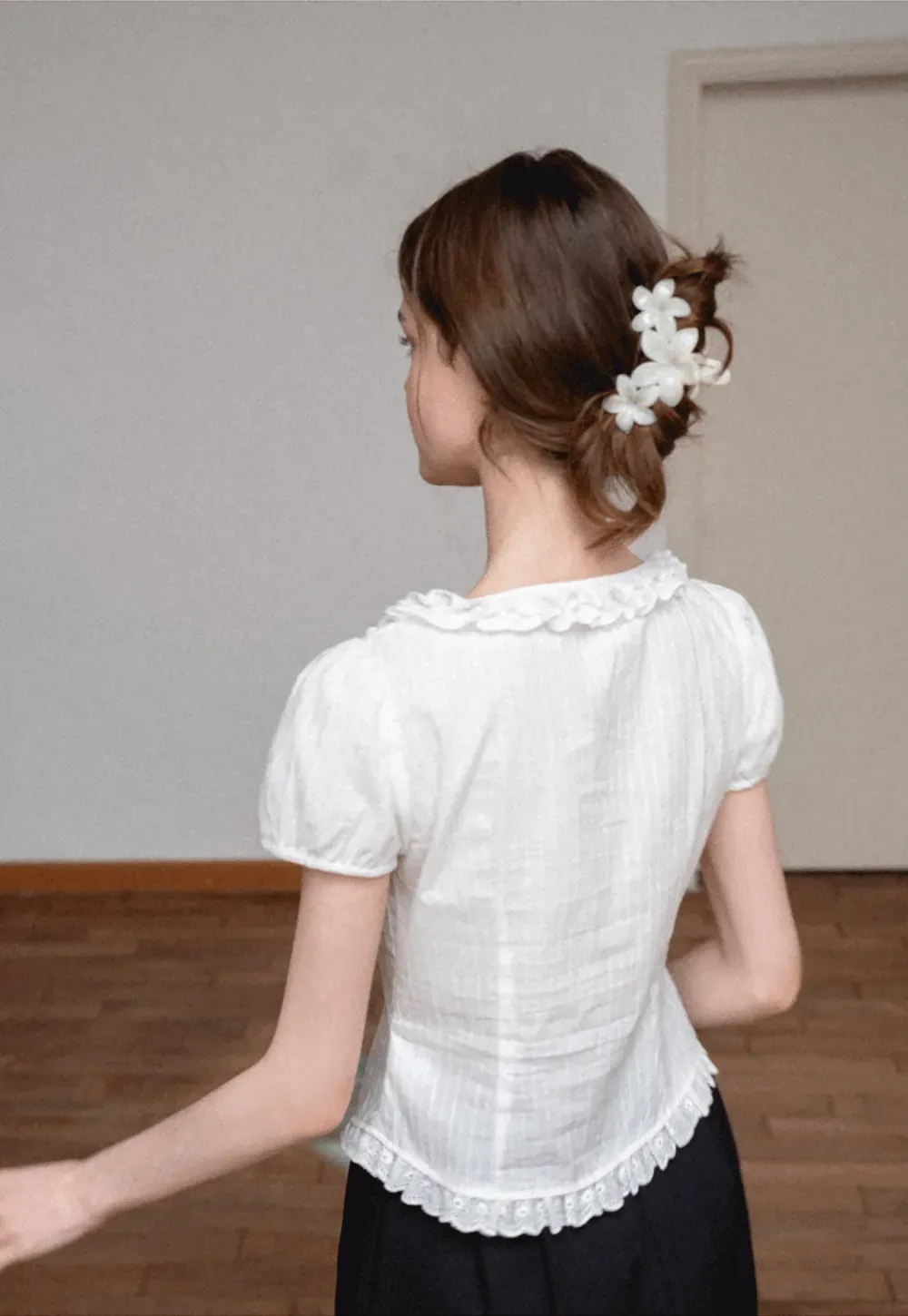 Ruffled Lace Trim Puff Sleeve Sheer Blouse