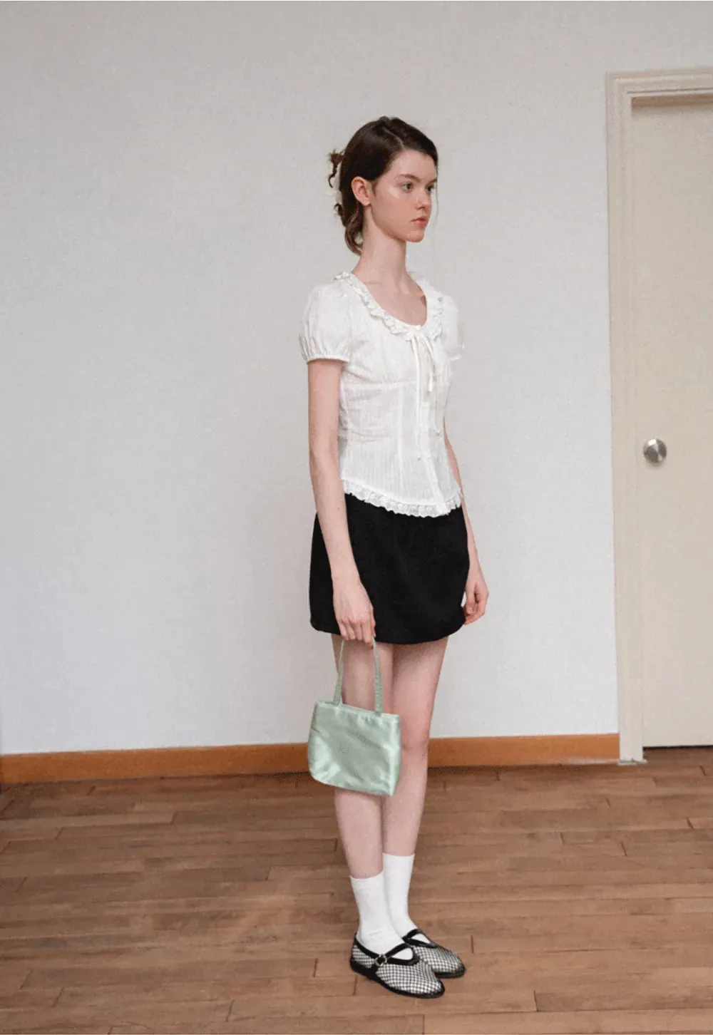 Ruffled Lace Trim Puff Sleeve Sheer Blouse