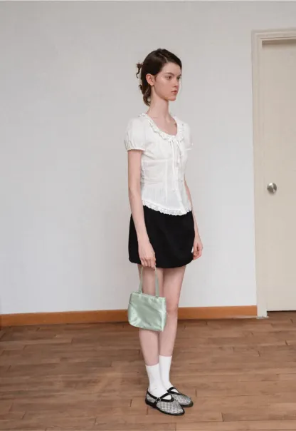 Ruffled Lace Trim Puff Sleeve Sheer Blouse