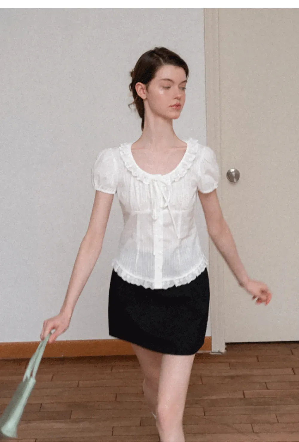 Ruffled Lace Trim Puff Sleeve Sheer Blouse