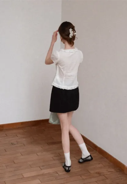 Ruffled Lace Trim Puff Sleeve Sheer Blouse