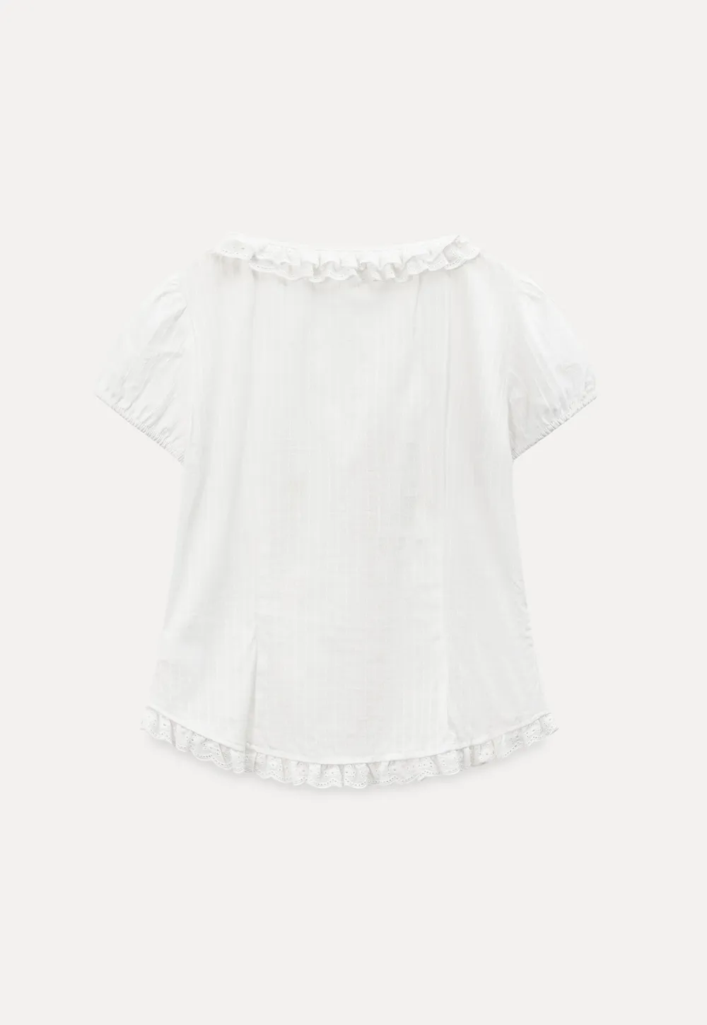 Ruffled Lace Trim Puff Sleeve Sheer Blouse
