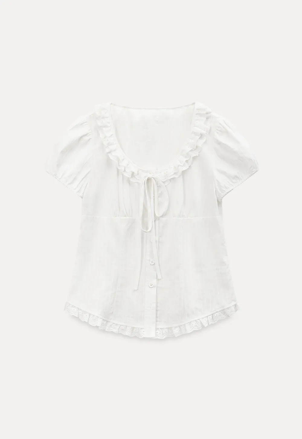 Ruffled Lace Trim Puff Sleeve Sheer Blouse