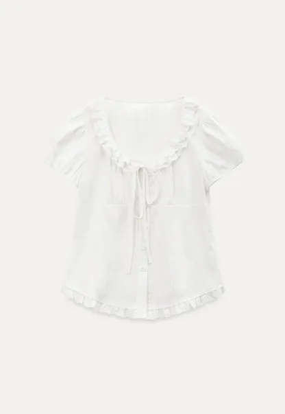 Ruffled Lace Trim Puff Sleeve Sheer Blouse