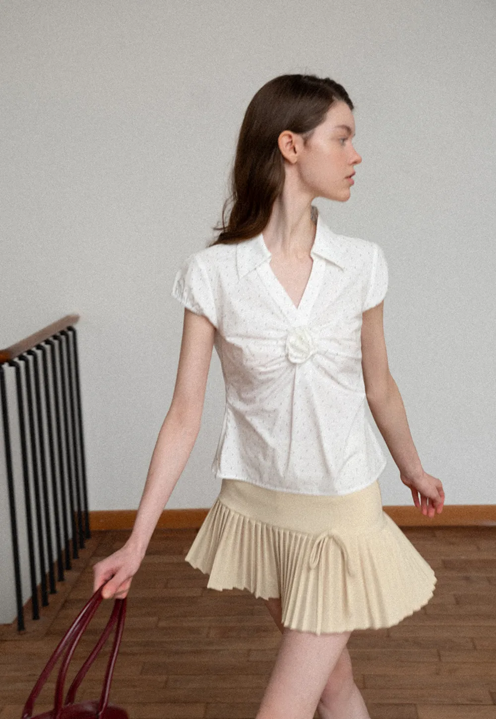 Pleated Front Detail Short Sleeve Collared Shirt