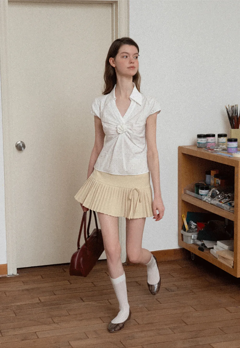 Pleated Front Detail Short Sleeve Collared Shirt