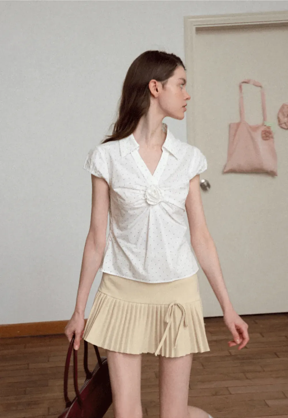Pleated Front Detail Short Sleeve Collared Shirt