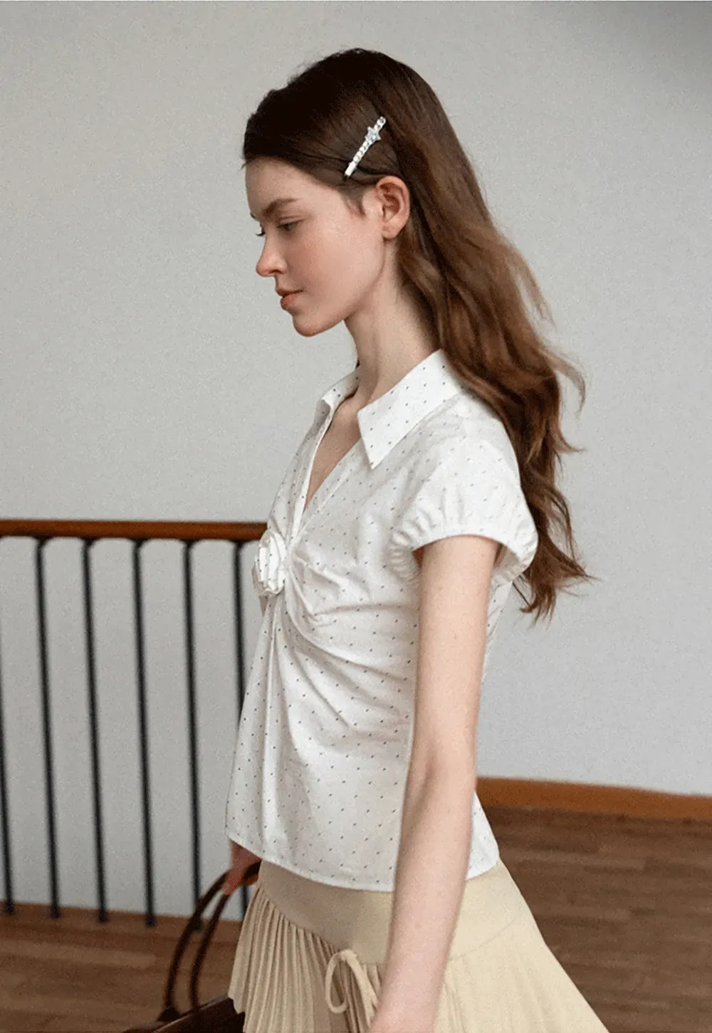 Pleated Front Detail Short Sleeve Collared Shirt